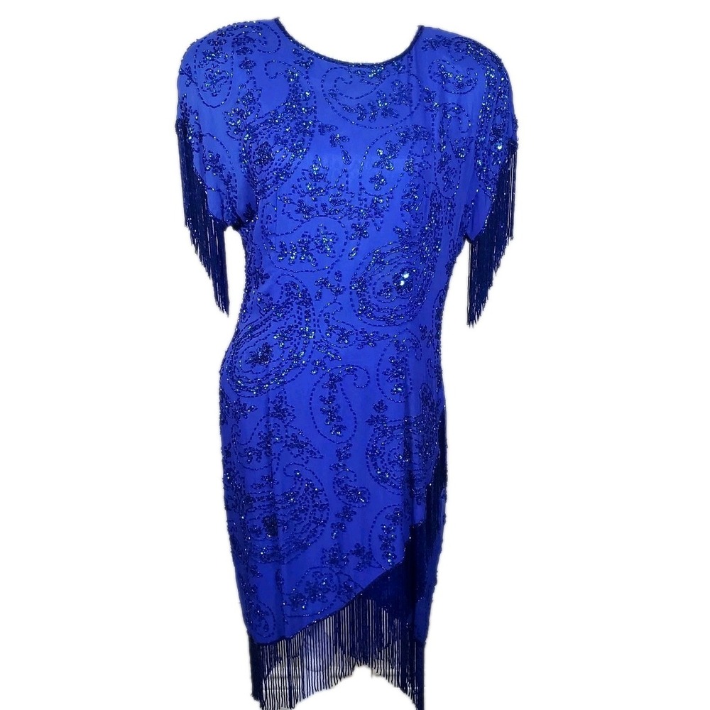 Vtg Black Tie OLEG CASSINI Royal Blue BEADED FRINGE silk‎ Cocktail Dress, Sz 16